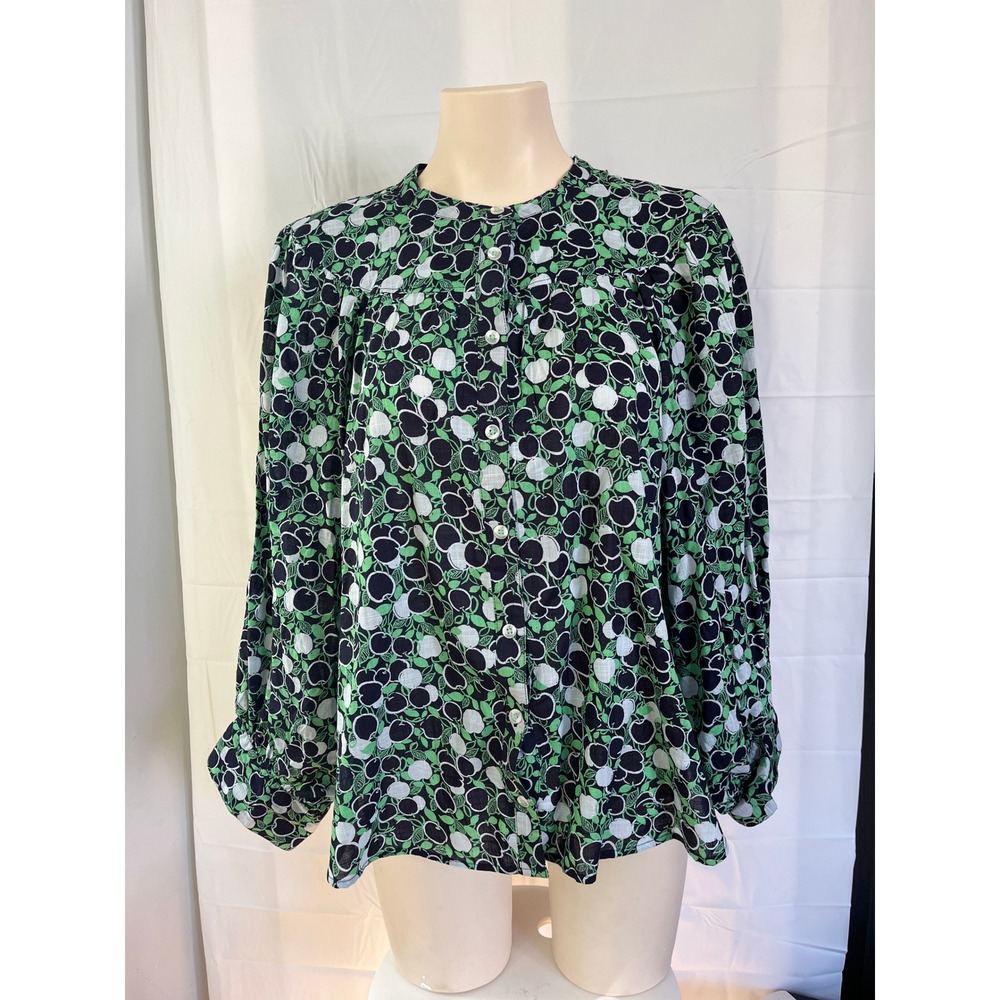 Maeve by Anthropologie Green Navy Print Button Front Blouse Long Sleeve Pleated